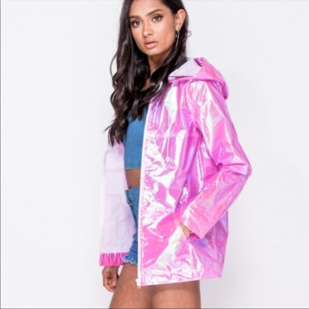 Zip Front Iridescent Pink Rain Jacket - Picture 2 of 4